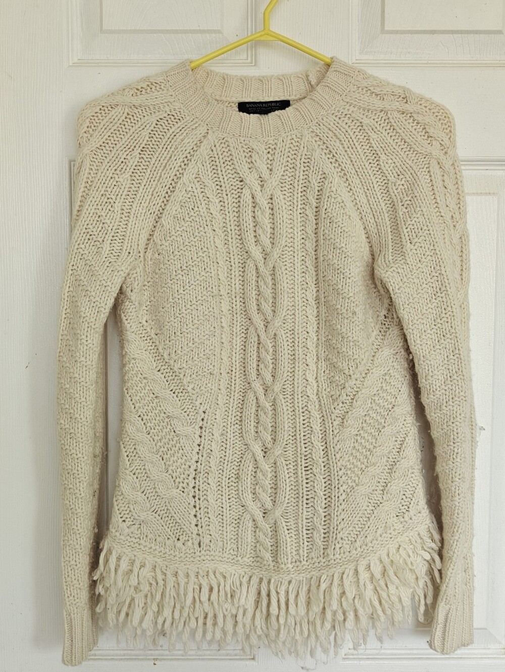 Banana Republic Cream Cable Knit Merino Hi-Lo Sweater with Fringe, Size Xs